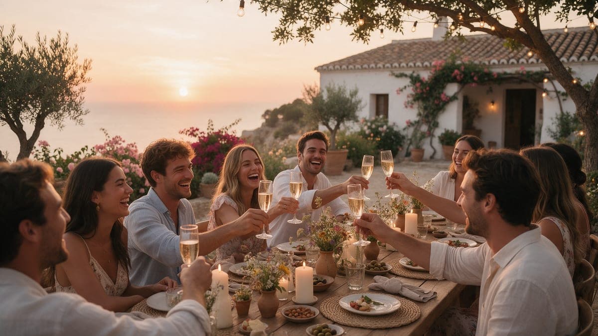 Mesa de banquete de boda al atardecer en la costa andaluza, rodeada de amigos brindando
