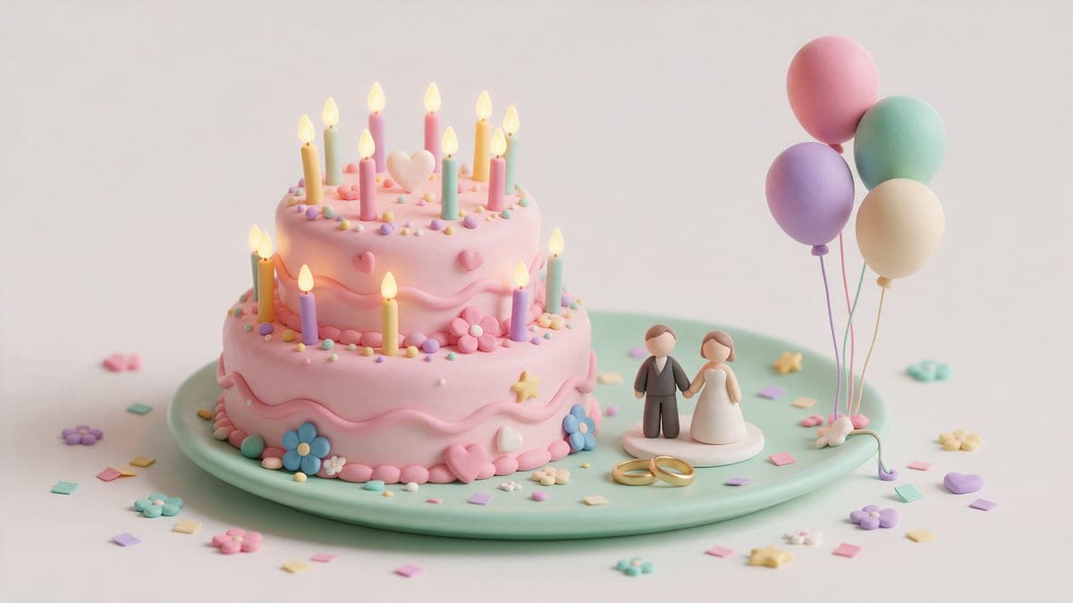 Ilustración de una tarta de cumpleaños con velas junto a una figura de novios, anillos de boda y globos, simbolizando una boda sorpresa disfrazada de cumpleaños