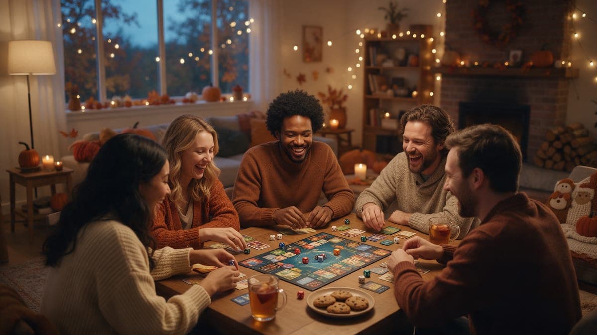 Grupo de amigos sentados alrededor de una mesa jugando a un juego de mesa moderno en un salón con luz cálida, una noche de otoño