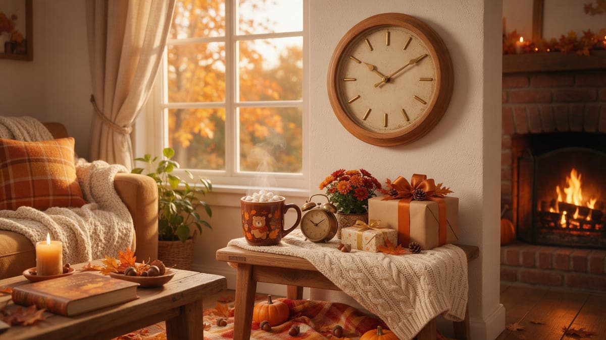 Reloj despertador y regalos sobre una mesa de madera en una tarde de otoño
