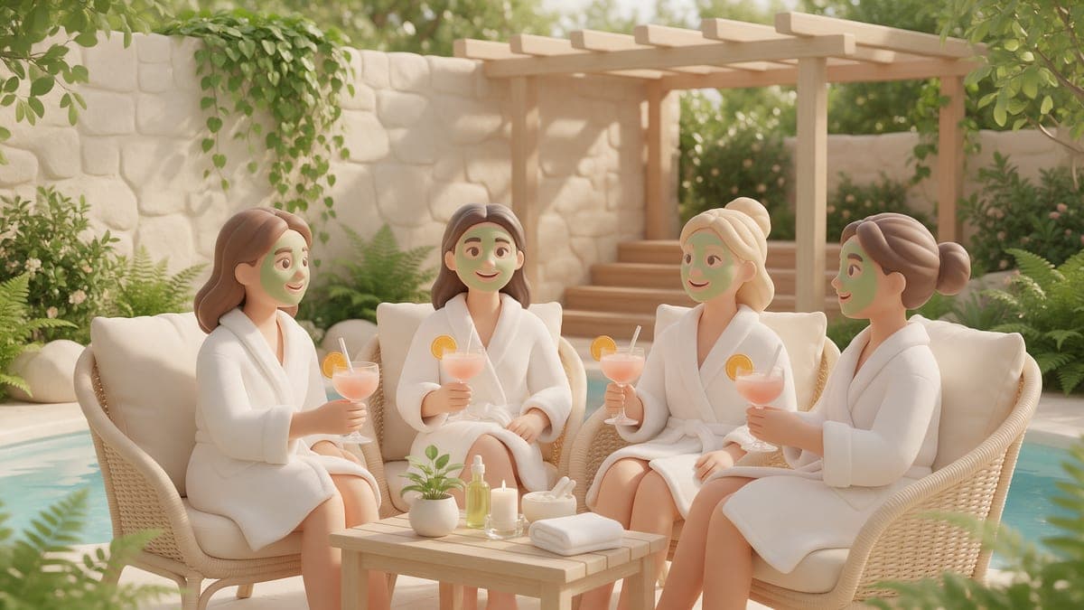 Grupo de amigas disfrutando de una sesión de spa al aire libre durante una despedida de soltera