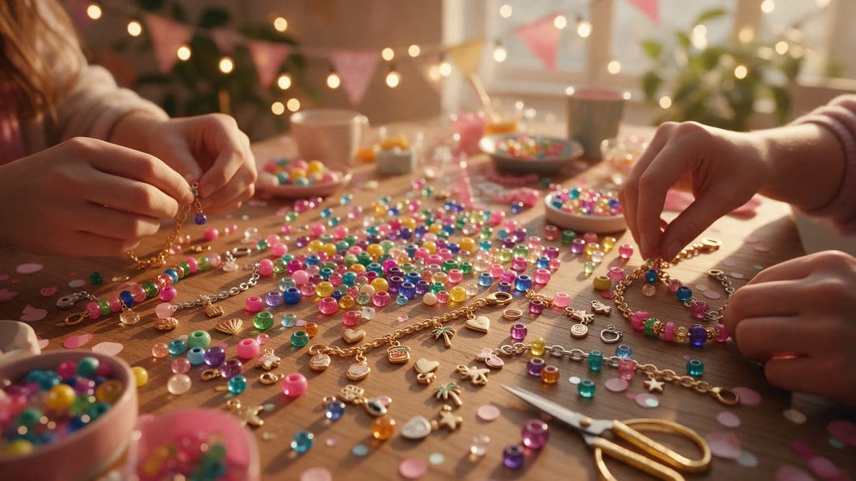 Mesa de fiesta con cuentas de colores y dijes para hacer pulseras en grupo