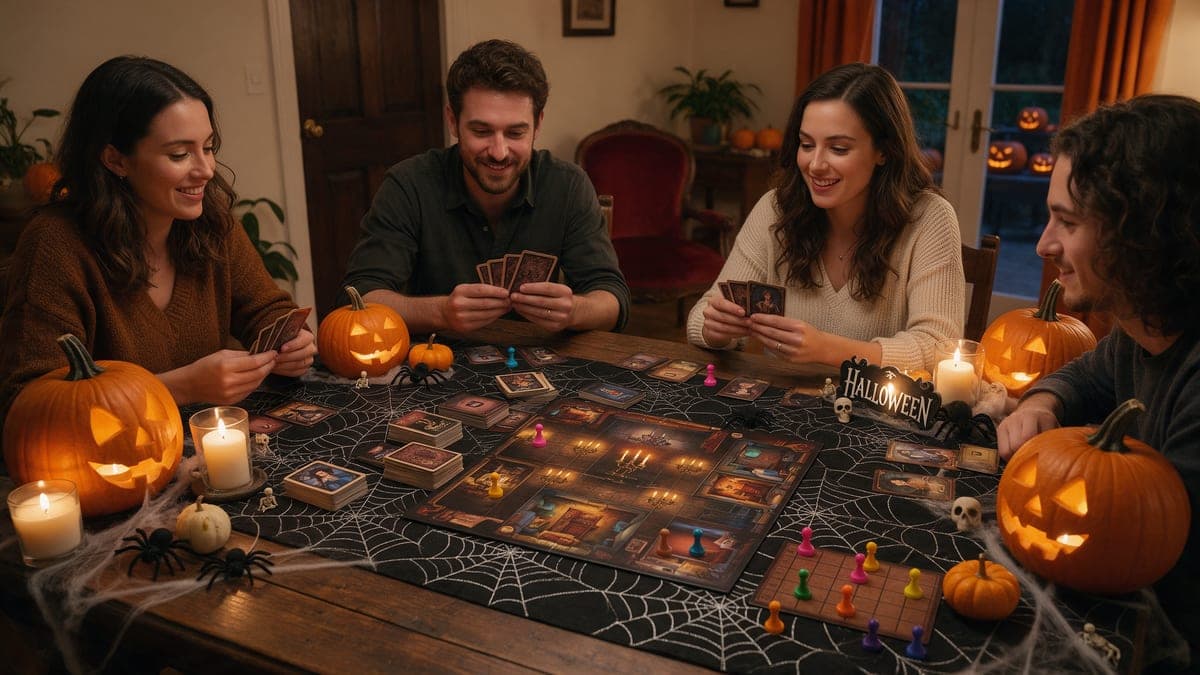 Amigos jugando a un juego de cartas de deducción en una mesa de Halloween con calabazas y velas