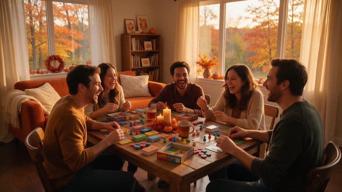 Amigos riendo mientras juegan a juegos de mesa y cartas en una tarde de otoño