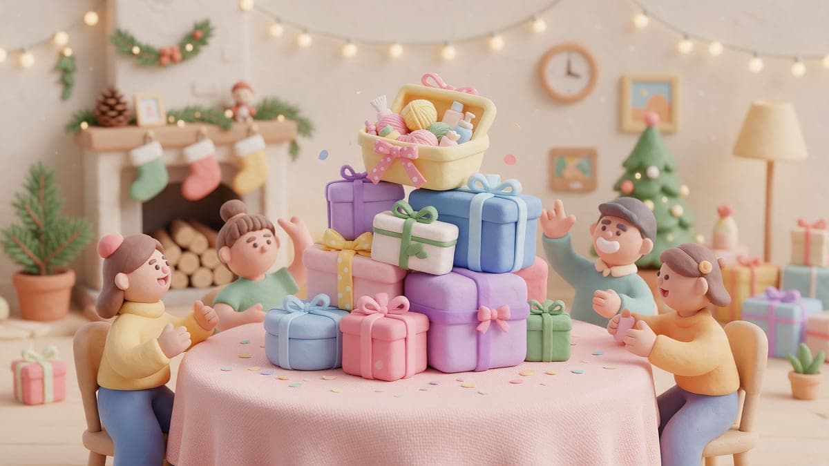 Cajas de regalo curadas atadas con lazos sobre una mesa, ilustración estilo arcilla
