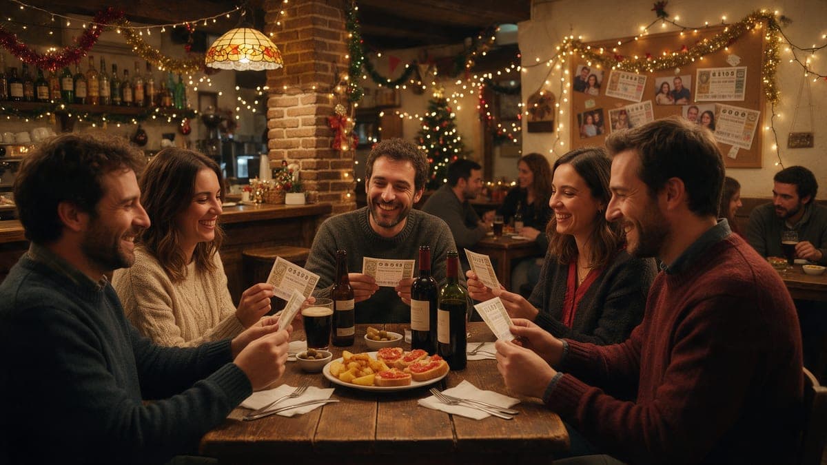 Grupo de amigos con décimos de lotería en una mesa navideña