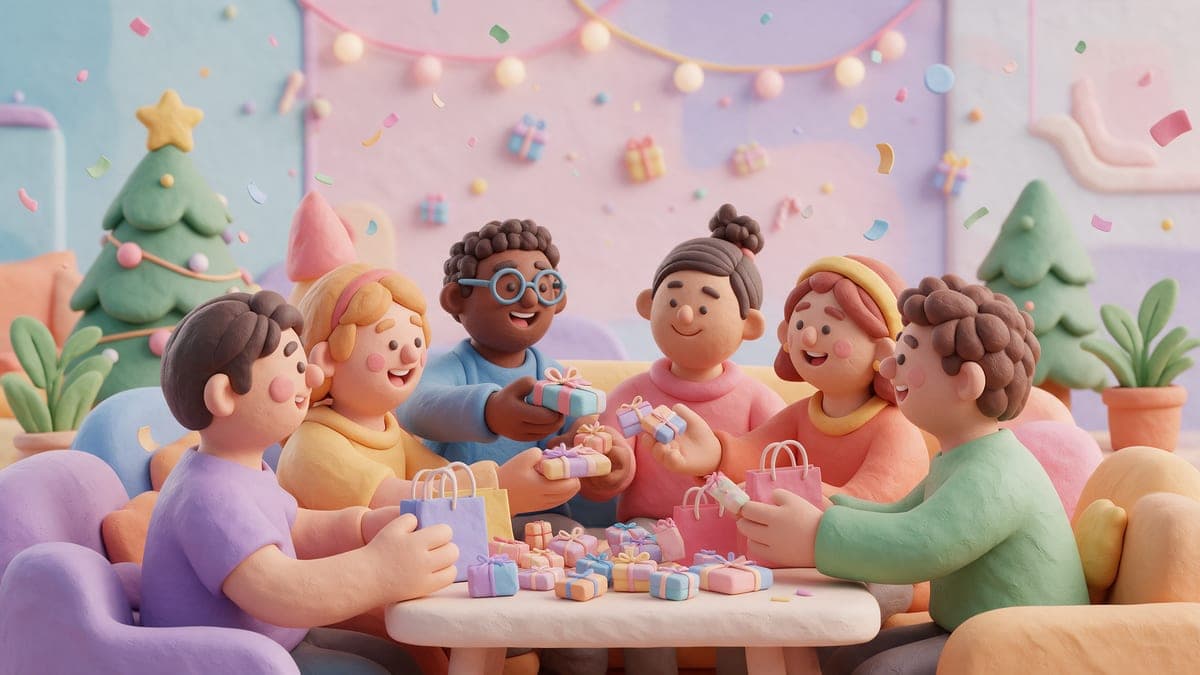 Ilustración estilo claymation de un grupo de amigos repartiendo muchas bolsitas de microrregalos sobre una mesa