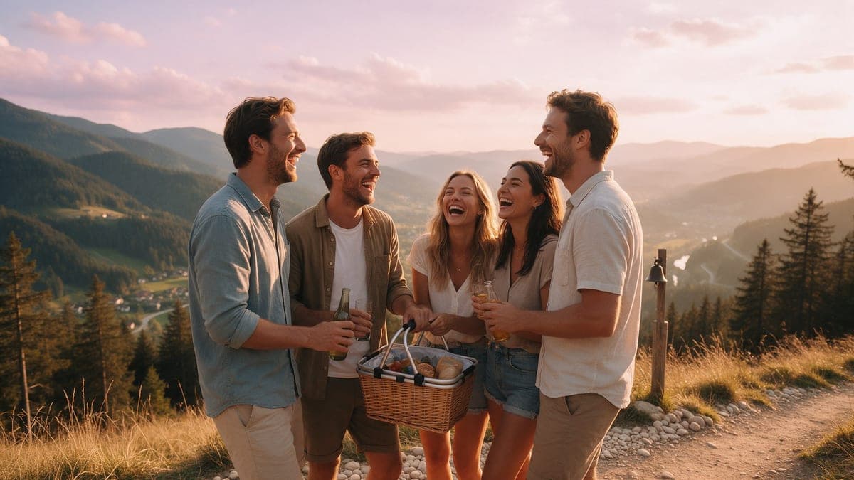 Grupo de amigos de excursión al atardecer compartiendo una experiencia en vez de un regalo material