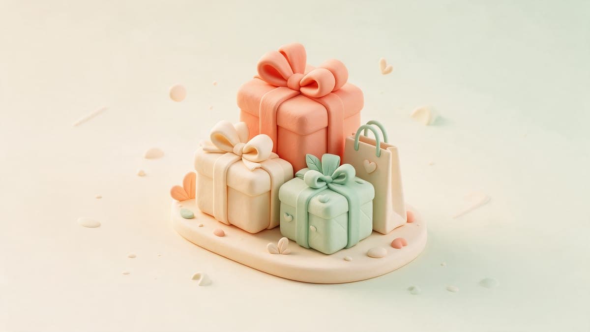 Ilustracion 3D de estilo clay con una pila de cajas de regalo envueltas con lazos, en tonos coral y menta
