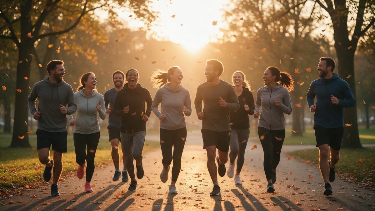 Grupo de amigos corriendo juntos al amanecer por un parque urbano en otoño