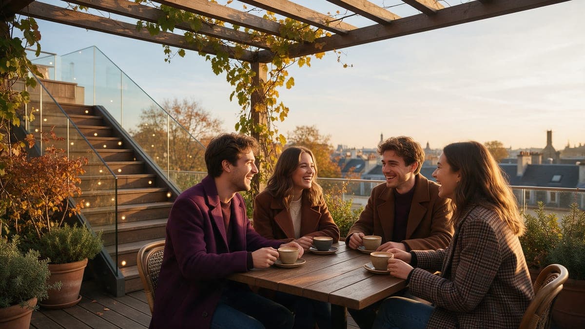 Amigos con abrigos de tonos otoñales charlando en una terraza