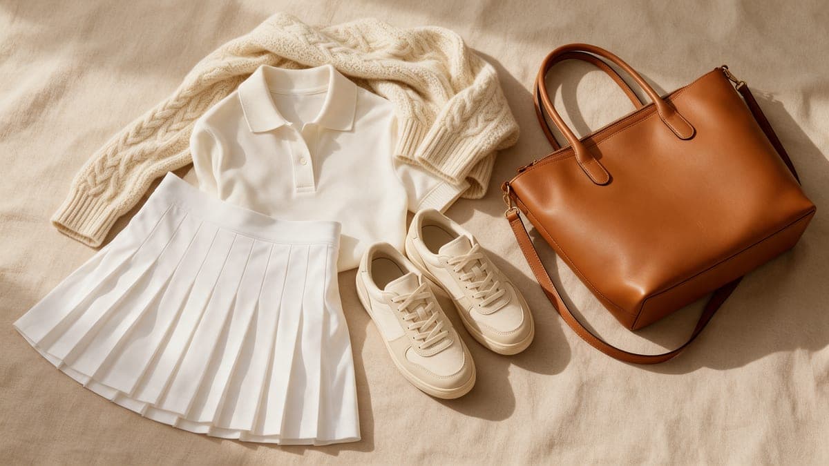 Composición editorial con falda plisada blanca, polo, jersey de punto y zapatillas: prendas clave de la tendencia tenniscore